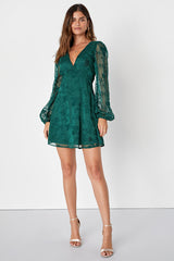 Angelic Bliss Emerald Green Embroidered Puff Sleeve Mini Dress