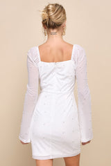 Flirty Luxury Ivory Mesh Pearl Long Sleeve Mini Dress