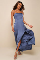 Serene Sensation Slate Blue Satin Bow Sleeveless Maxi Dress