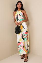 Wonderful Bliss Beige Multi Abstract Print Backless Maxi Dress