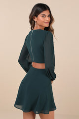 Garden Bliss Emerald Green Long Sleeve Cutout Mini Dress