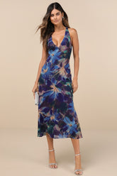Delight in Elegance Navy Blue Multi Floral Halter Midi Dress