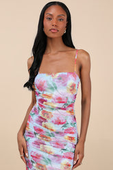 Blossoming Excellence Light Blue Floral Mesh Ruched Midi Dress