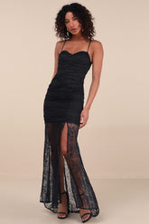 Hespera Black Lace Ruched Bustier Mermaid Maxi Dress