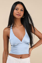 Damaina Light Blue Striped Satin Tie-Back Halter Top