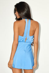 Sleek Essence Blue Satin Halter Sleeveless Mini Dress