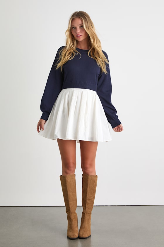 Contemporary Comfort Navy Layered Pleated Sweater Mini Dress