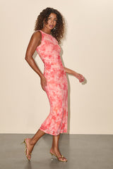 Elyra Orange Abstract Mesh Ruched Crew Neck Midi Dress