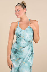 Bright Charm Light Blue Abstract Print Chiffon Slip Midi Dress