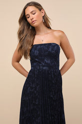 Perfectly Stunning Navy Jacquard Strapless Midi Dress