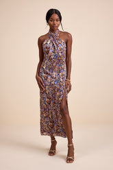 Elarinn Navy Floral Cross-Front Halter Midi Dress