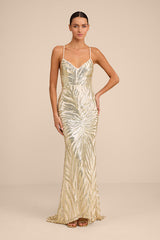 Sparkle 'til Dawn Gold Sequin Lace-Up Mermaid Maxi Dress