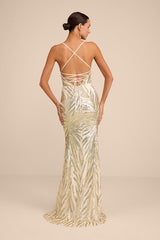 Sparkle 'til Dawn Gold Sequin Lace-Up Mermaid Maxi Dress