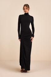 Tassana Black Jersey Knit Mock Neck Maxi Dress