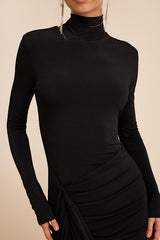 Tassana Black Jersey Knit Mock Neck Maxi Dress