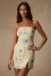 Catch the Bouquet Light Yellow Floral Halter Lace-Up Mini Dress