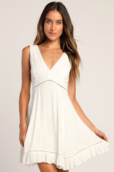 Endlessly Enticing White Embroidered Babydoll Mini Dress