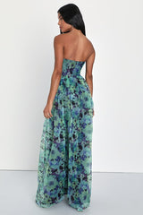 Wonderful Waltz Green Floral Print Strapless Bustier Maxi Dress