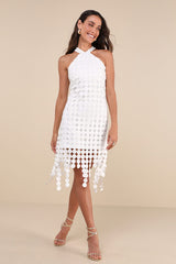 Flirtatious Fun White 3D Dot Halter Fringe Midi Dress