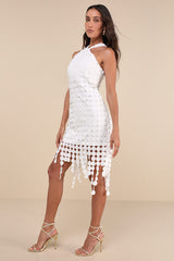 Flirtatious Fun White 3D Dot Halter Fringe Midi Dress