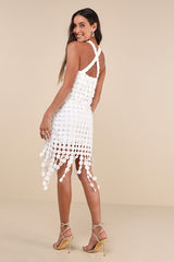 Flirtatious Fun White 3D Dot Halter Fringe Midi Dress