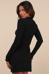 Flattering Forecast Black Textured Long Sleeve Mini Dress