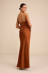 Verbena Bronze Satin Draped Strapless Maxi Dress