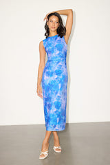 Elyra Blue Floral Mesh Ruched Crew Neck Midi Dress