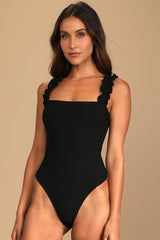 Musing About You Black Ribbed Ruffle Strap Bodysuit