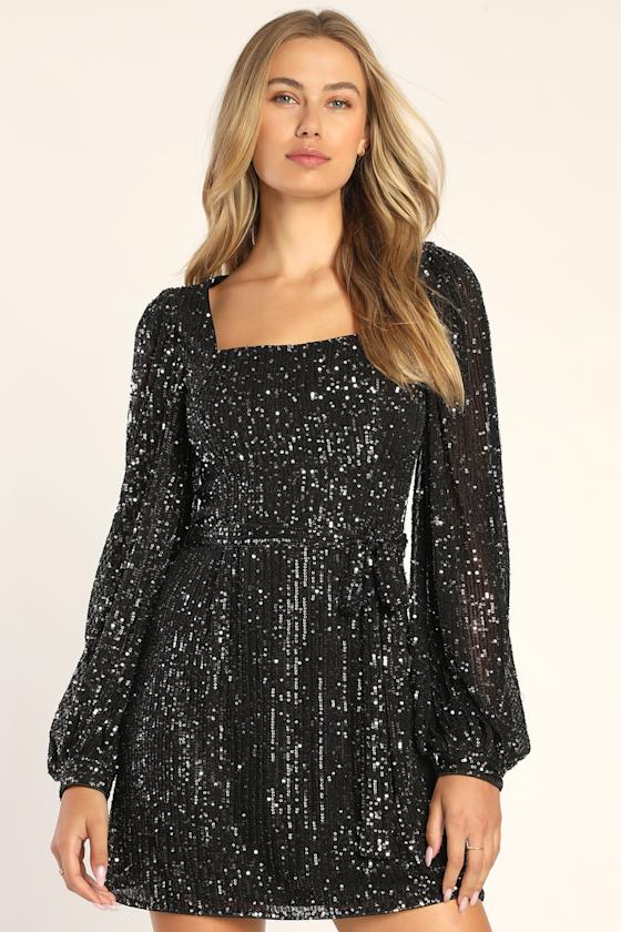 Festive Mood Black Sequin Long Sleeve Mini Dress